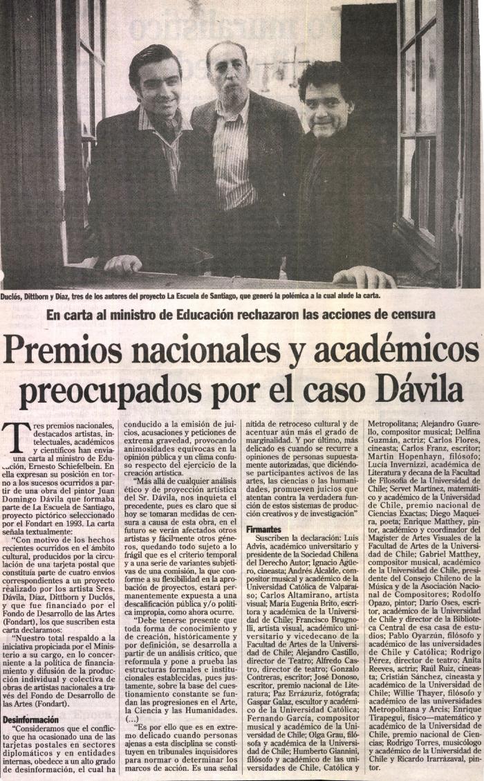 Premios Nacionales y académicos preocupados por el caso Dávila