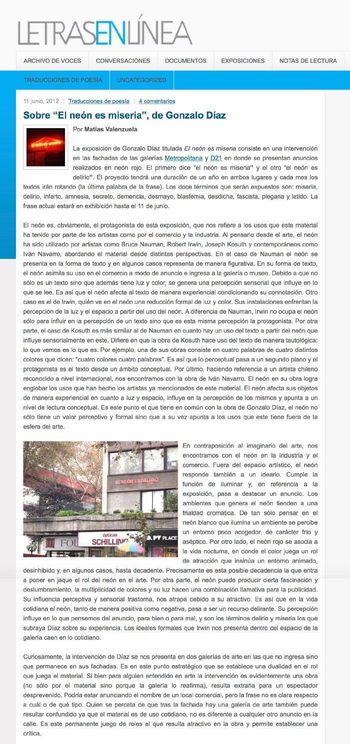 Sobre "El Neón es Miseria", de Gonzalo Díaz
