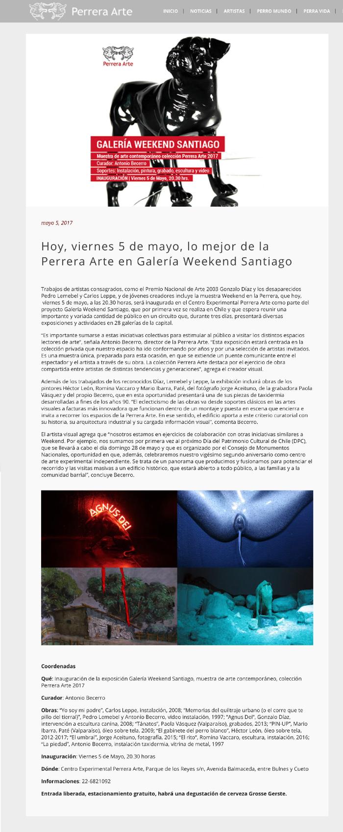 Hoy, viernes 5 de mayo, lo mejor de la Perrera Arte en Galería Weekend Santiago