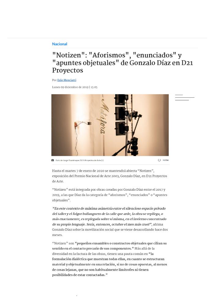 "Notizen": "Aforismos", "enunciados" y "apuntes objetuales" de Gonzalo Díaz en D21 Proyectos