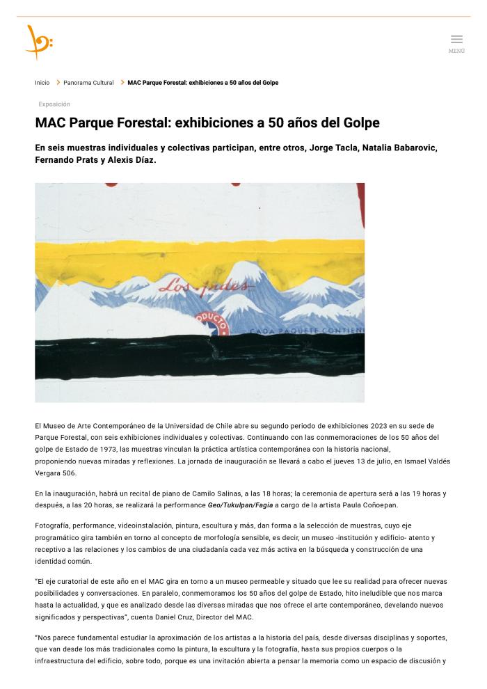 MAC Parque Forestal: exhibiciones a 50 años del Golpe