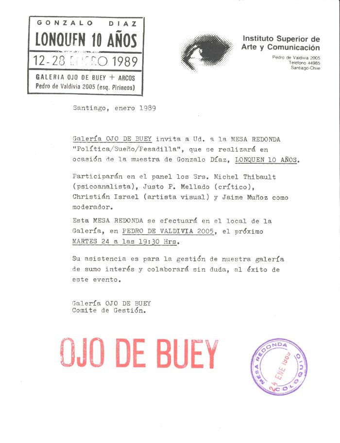 Invitación a la mesa redonda: Política/Sueño/Pesadilla con ocasión de la muestra Lonquén 10 años